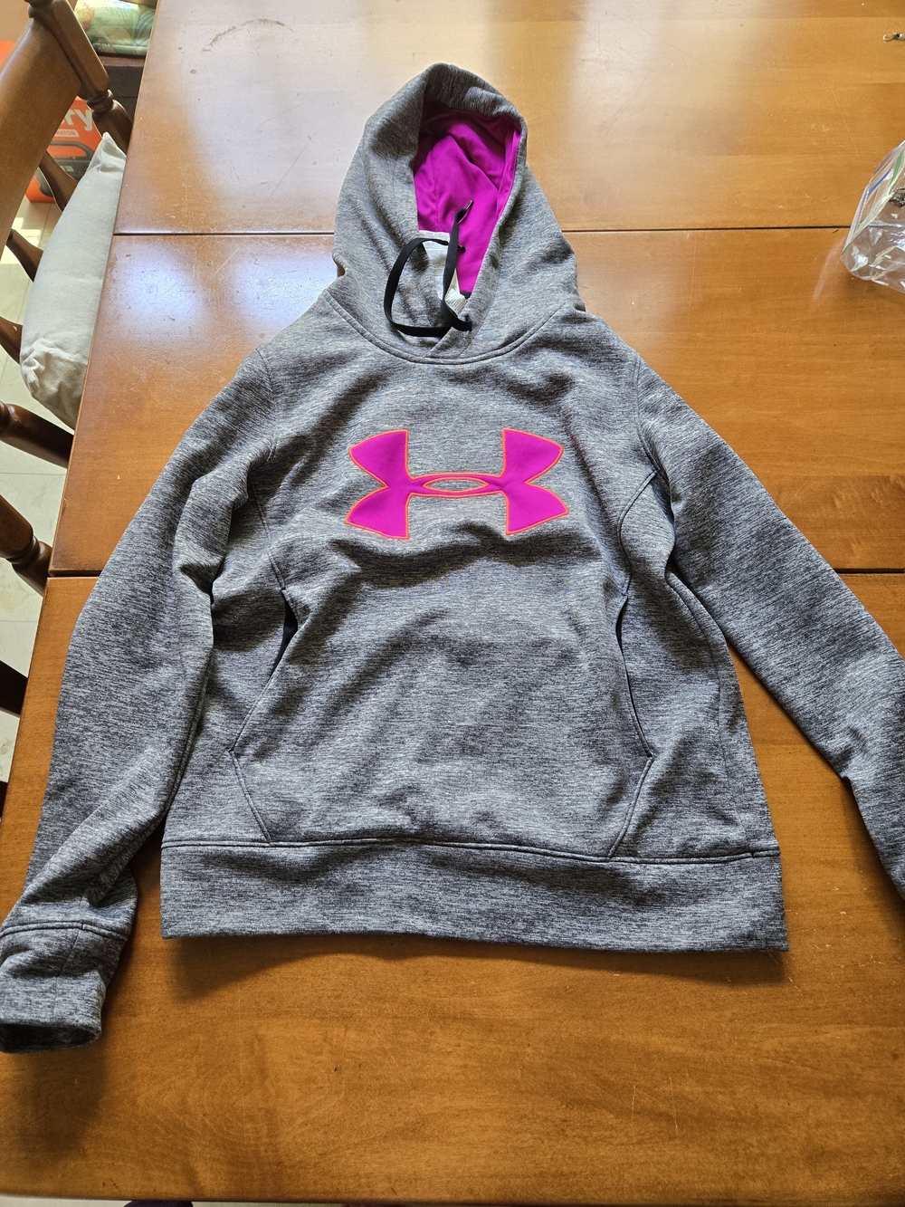 Under Armour Gray Hoodie with Bright Pink Lining and Pink Logo Accents